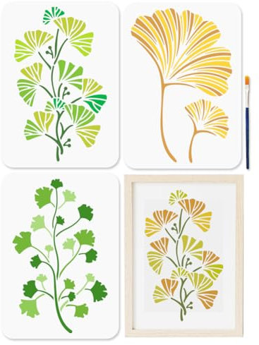 MAYJOYDIY 3 Stück A4 Ginkgo Biloba Schablone Mit Pinsel 29.7x21cm Pflanzenmalvorlage Wiederverwendbare Ginkgoblatt Wandkunst Schablone Für Holz Stoff Wände Fenster Heimwerkerarbeiten