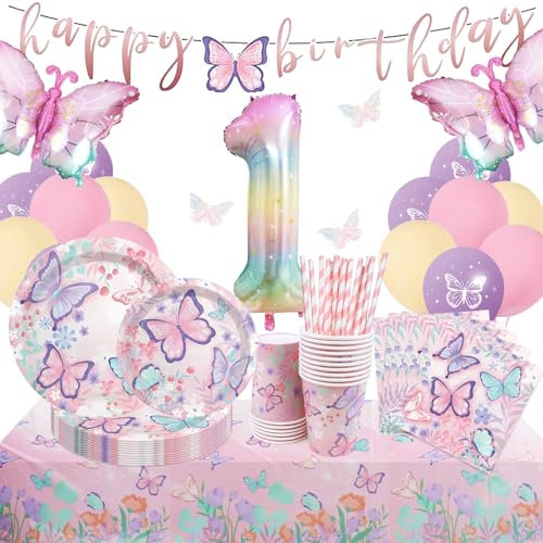 Komicea Farfalle Piatti e Bicchieri per Feste di Compleanno Set, 1 anni Decorazioni Compleanno Farfalle, 111 Pezzi Farfalle Stoviglie per Feste di Compleanno, 1 anni Set Compleanno Bambina (16 Ospiti)