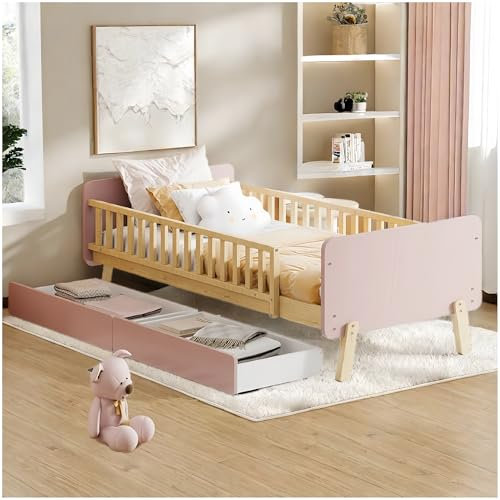Sapgaks Lit Bebe 90x190 avec 2 tiroirs,Lit Enfant,lit Simple en Bois Massif avec sommier à Lattes,Rosa (sans Matelas)