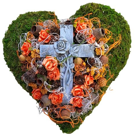 Grabschmuck Grabgesteck Moos Herz Grabaufleger Kreuz Totensonntag Allerheiligen