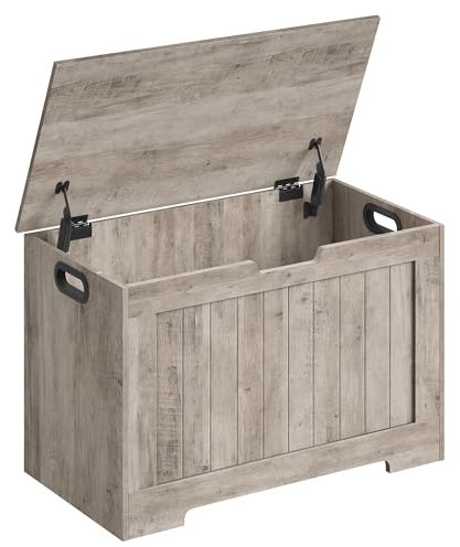 VASAGLE Schuhbank, Sitzbank mit Stauraum, Sitztruhe, 2 Sicherheitsscharniere, Aufbewahrungsschrank, Landhausstil, 40 x 76 x 48 cm, für Flur, Schlafzimmer, Wohnzimmer, Greige meliert LHS011K01