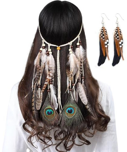 Bluelves 2PCS Teiliges Indianer Kopfschmuck Set, Damen Hippie Boho Indianer Stirnband, Böhmische Feder Ohrringe, Flechten Haar Band, Stirnband Zubehoer für Kostüm Indianer Damen