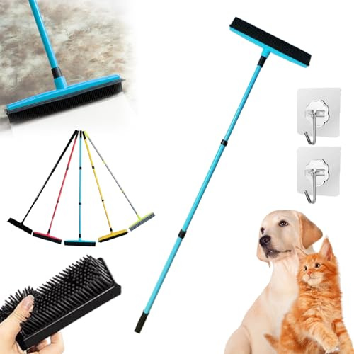 Petibo Pet Broom, Petibopet Broom, Pet Hair Removal Broom, Pet Fur Remover Broom, Multi-Surface Squeegee Rubber Broom, Extendable Rubber Broom Pet Hair Remover for Carpet Couch (Blue)