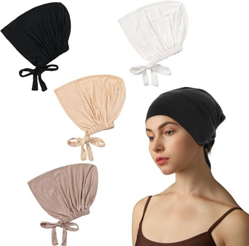 BORISCA 4 Stück Hijab Undercap, Turban Damen Unterschale Islamische Muslimische Under Cap mit Tie Back Solid Color Hijab Mütze Elastische Kopftuch Chemo Kopfbedeckung Damen Schlafmütze