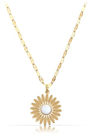 Made by Nami Sonnenblumen Halskette Damen Gold aus Chirurgischem Edelstahl 40 + 5 cm Gänseblümchen Kette mit Edelstein Anhänger Wasserfester Schmuck Gold Boho Schmuck Damen (Weiß)