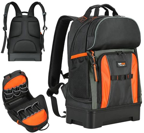 TUFFWORX Zaino per attrezzi con fondo rigido, borsa portaoggetti resistente, scomparti multipli, nero e arancione