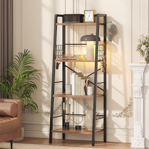 Chartyou 4 Tier Ladder Bookshelf, 110cm Tall Industrial Storage Shelf with Metal Frame, Floor Standing Book Shelf, Display Storage Rack Shelving Units for Living Room, Rustic Brown, 43 * 30 * 110cm