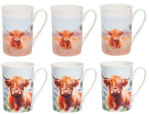 Set of 6 Highland Cow Print New Bone China Coffee Mugs - 9 Ounce 280ml Tea Coffee Cups Latte Cappuccino Hot Chocolate Drinks Afternoon Tea - Home Kitchen Work Office Mug Set