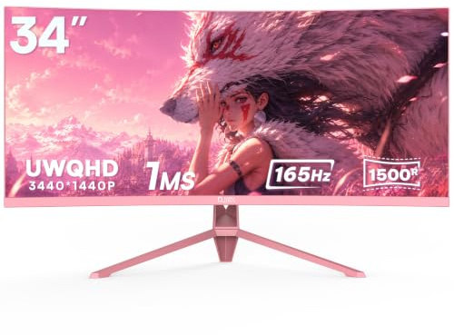 DJiEX 34 Inch Pink Ultrawide Curved Computer Gaming Monitor 165Hz UWQHD 3440x1440,1500R -Pip,1ms (MPRT),HDR, 300nits, sRGB99%,FreeSync,HDMI2.0(TMDS) x2,DP1.4 x2,Eye Care,Support Wallmount 75x75mm