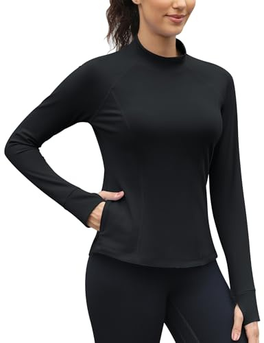 IECCP Women's Mock Thermal Shirts Long Sleeve Sports Tops Fleece Lined Zipper Pockets Athletic Base Layers with Thumb Holes Black M