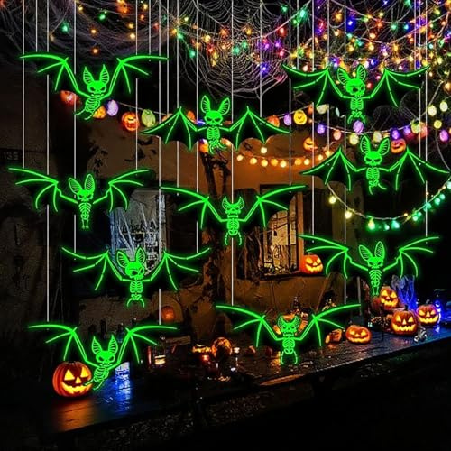 LMSHOWOWO Halloween Deko Outdoor Set, 10 Stück Horror PVC Fluoreszierendes Halloween Fledermaus Deko, Wandaufkleber Leuchtende Hängende Fledermaus Dekoration, für Baum Hof Rasen Veranda Wanddeko
