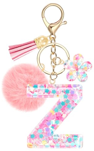 JSRQT Porte-clés Rose avec Initiale Z pour Femmes Filles, Nom Porte-clés en Résine Lettres Alphabet à Paillettes et Fleurs, Pompons Pendentifs Bijou de Sac Keychain pour Sac à Main et Sac à Dos