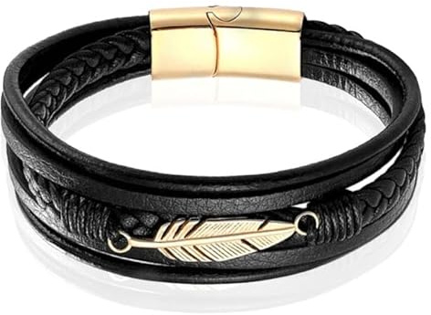 Mendes Schmuck Herren Armband - Cooles Schwarzes Leder mit Blattform Stahl Charm - Gold-23cm