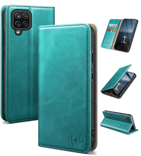 SUANDUCK for Samsung Galaxy A12 mobile phone case magnetic leather flip case with RFID-blocking card compartment, adjustable stand and 360° drop protection with Samsung A12 Blue Green