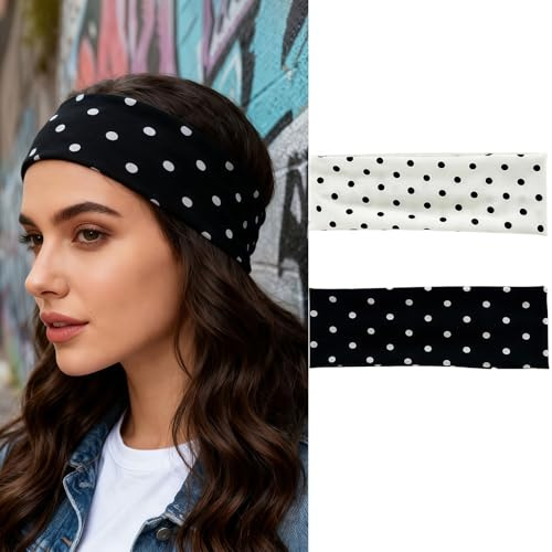 OuryTech Stirnband Damen, 2 Stück Haarband und Headband, Schwarze und Weiße Polka Dot Stirnbänder, Rutschfeste Retro Design Haaraccessoires für Frauen
