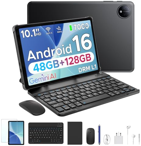 POCKAM P10 10.1 inch Tablet, 48GB RAM+128GB ROM, Android 16 Tablet with Gemini AI, 7000mAh, Unisoc T310 Quad-Core, 90Hz, 8MP+5MP, Dual Speakers, Headphone, Tablet with Keyboard, Pen, Case-Black