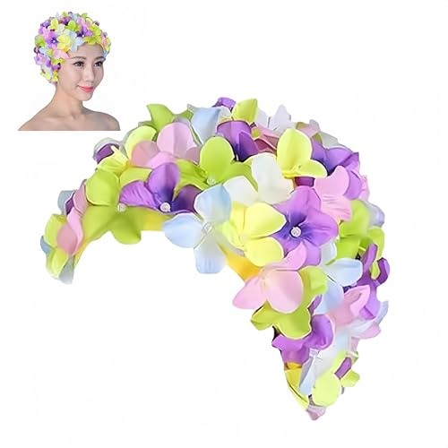 Cuffia da nuoto con fiori, realistica vintage, con fiori di fiori, alla moda e confortevole, cuffia da nuoto elastica da donna con capelli lunghi, adulti