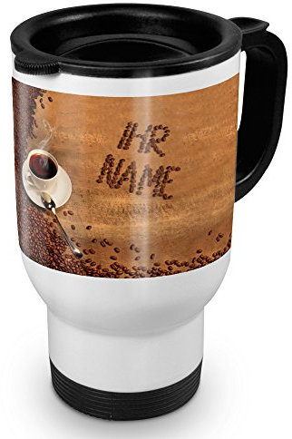 printplanet® Thermobecher weiß mit Namen personalisiert - Motiv Kaffeebohnen individuell gestalten - Coffee to Go Becher, Thermo-Tasse
