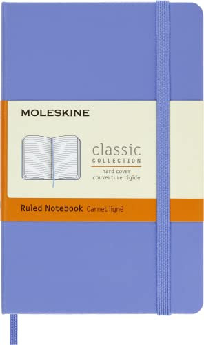 Moleskine - Klassisches Notizbuch, Liniertes Notizbuch, Hardcover und elastischer Verschluss, Taschenformat 9 x 14 cm, Farbe Hortensienblau, 192 Seiten