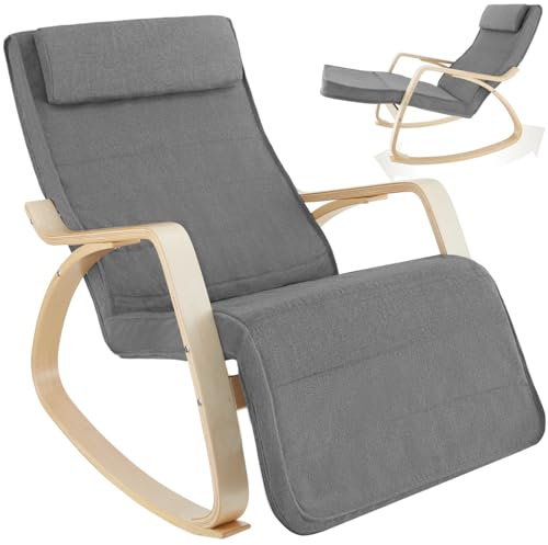 tectake® Silla Mecedora Ergonómica, Reposapiés Ajustable en 5 Posiciones, Cojín Mullido con Cierre, Almohadillas Antideslizantes, Estructura Robusta, Sillon Lectura, Muebles de Salon - Gris Claro