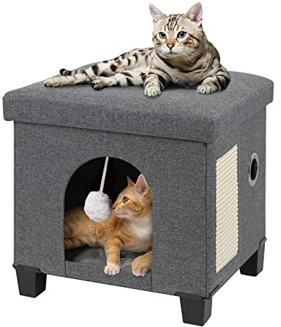 BRIAN & DANY Faltbare Katzenhöhle Große Katzen, Katzenhaus Höhle für Katzen mit Kratzbrett und Spielball, Sitztruhe Sitzhocker Fußhocker mit Holzfüßen 37,5 x 32,5 x 36 cm, Grau