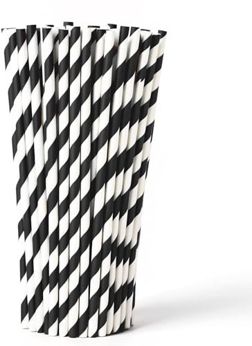 WedDecor Compostable Paper Straws – Durable, Non-Soggy, Food-Safe – Striped, Multi-Layered for Long-Lasting Use – Perfect for Juice, Coffee, Party & Events, Black & White, 100pcs