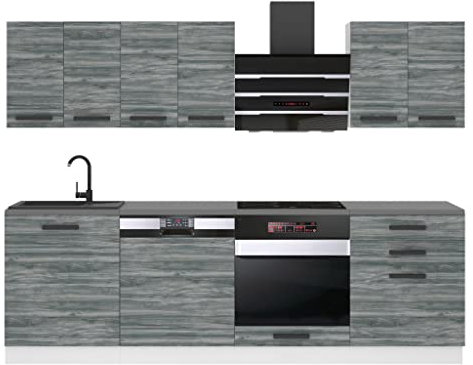 Belini Küchenzeile Küchenblock Susan - Küchenmöbel 240 cm Einbauküche Vollausstattung ohne Elektrogeräten mit Hängeschränke und Unterschränke, ohne Arbeitsplatten, Glamour Wood