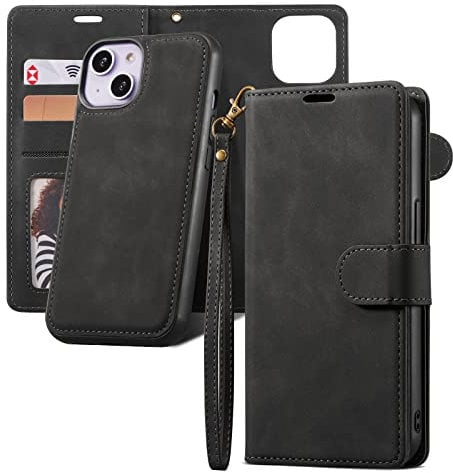QLTYPRI Hülle für iPhone 13, Abnehmbare Magnetische Handyhülle Kartenfach Hülle Ständer Flip Klapphülle Schutzhülle Etui Kompatibel mit iPhone 13 - Schwarz