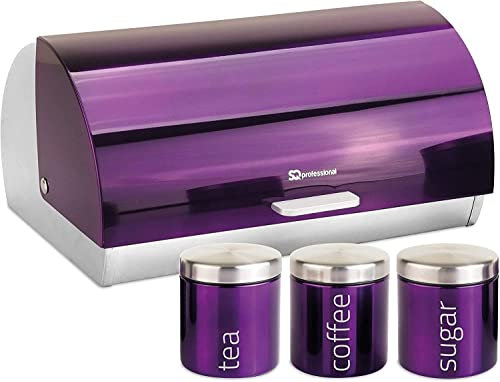 GREY LOOK Modernes Brotkasten & Tee, Kaffee und Zucker Aufbewahrungs-Set, Gläser mit Matel Deckel, Küche Aufbewahrungsbehälter Dosen mit Dichtung (weißer Brotkasten mit 3 Dosen) (Amethyst/Lila)