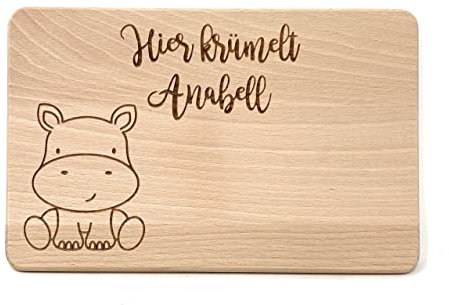 Hier krümelt... Brotzeit Brettchen mit verschiedenen Tier Motiven - unbehandeltes Brett mit hochwertiger Gravur (Nilpferd)