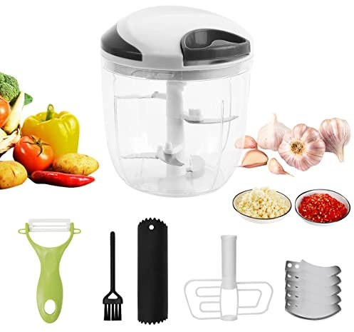 UptVin Picadora manual de 900 ml, cortador de cebolla manual, mini picadora manual, 5 cuchillas de acero inoxidable, batidora manual, para cebolla, ajo, carne, verduras, frutas