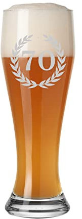 LUXENTU Weizenbierglas mit Gravur, Weizenglas mit Lorbeerkranz 0,5 Liter, Weißbierglas als Geschenk zum 70. Jubiläum/Geburtstag, Spülmaschinengeeignet