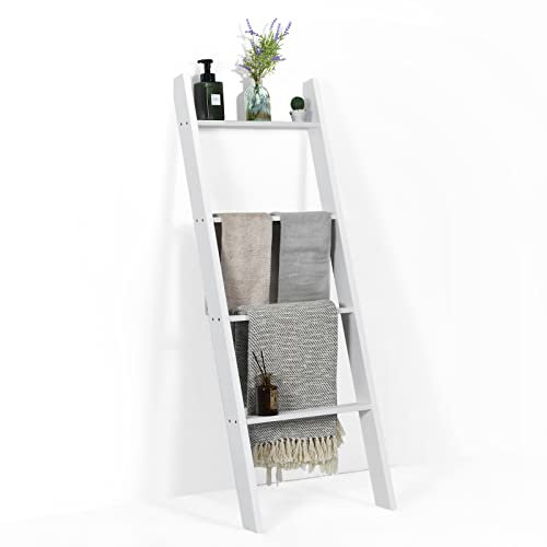 COSTWAY Scaffale di Stoccaggio in Legno di Pino, Porta Asciugamani a 4 Livelli per Bagno, Porta Salviette, Multiuso per Bagno Soggiorno (Bianco, 51 x 8 x 137 cm)