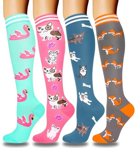 ACTINPUT 4 Paar Kompressionsstrümpfe für Damen Herren, Bunte Stützstrümpfe Kompressionssocken für Sport, Flug, Laufen, Reisen, Radsport, krankenschwester(4109 - Rosa,S-M)