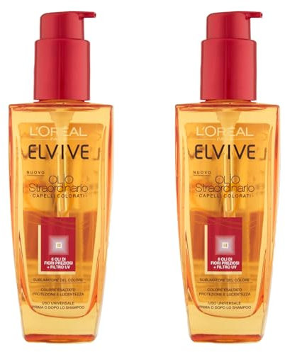 L'Oréal Paris Elvive Olio Straordinario Capelli Colorati Formula con 6 Oli di Fiori Preziosi Azione Illuminante Nutriente Trattamento Senza Risciacquo Protezione Colore Filtro UV - 2 Flaconi da 100ml