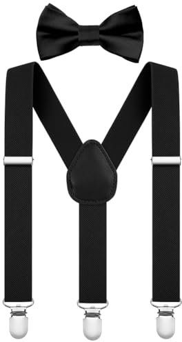 AOOWU Hosenträger für Herren, Breit 2.5 cm mit sehr Starken 3 Metall Clip, 2er Set mit farblich passender Fliege, Einstellbar und Elastisch Einheitsgröße für Junge und Mädchen, X Style (Schwarz)