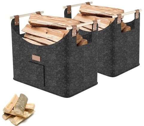 YRHome 2er Brennholzkorb Holzkorb für Kaminholz Extradickem Kaminholzkorb feuerholzkorb Groß Kaminholztasche Filzkorb für Brennholz Feuer Kamin mit Holzgriffen Bis 40KG 50x32x40cm - Dunkelgrau