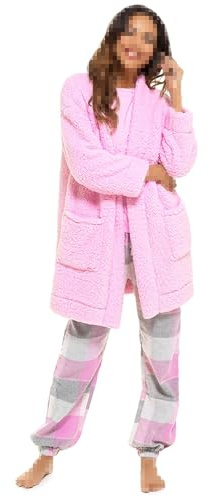 A2Z Ladies Foxbury Sherpa Fluffy Fleece Cardi Edge To Edge Dressing Gown - Robe 1704 Pink 8-10