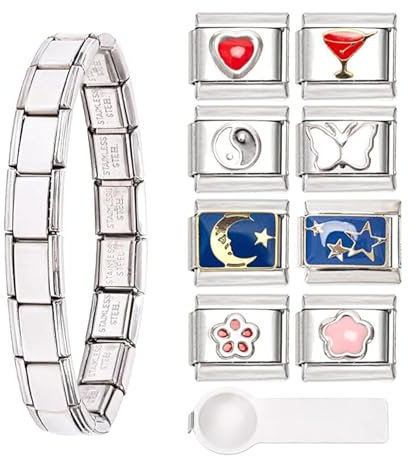 LUOJINYI Italian Charm Bracelet, 8 Charmes Italiens Supplé Mentaires Avec Outil D'Ouverture, Lien De Bracelet à Charme Modulaire Amovible De 9 Mm, Charmes De Style Italien Für Damen