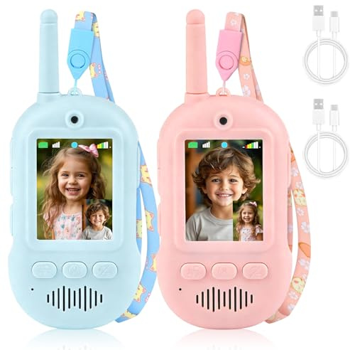 Video Walkie Talkie Kinder, 2er Set Visuelle Walky Talky Kinder mit Display, Geburtstag Geschenke für Jungen und Mädchen von 3 4 5 6 7 8 Jahre,Freien,Camping,Wandern (Blau+Rosa)