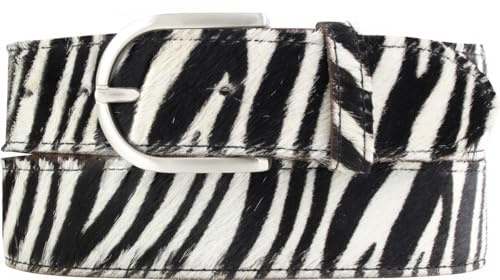 BELTINGER Damen-Gürtel mit echtem Fell 4 cm | Fell-Gürtel für Damen 40mm | Kuh-Ledergürtel mit runder Dornschließe | Zebra 110cm