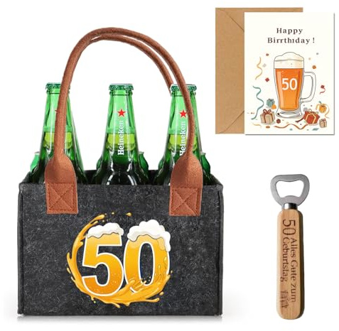 Geschenk 50 Geburtstag, Männerhandtasche Bier mit Flaschenöffner und Grußkarten für Männer, Lustige Geschenke zum 50. Geburtstags, Männerhandtasche Bier Flaschenträger für 6 Bierflaschen (50th)