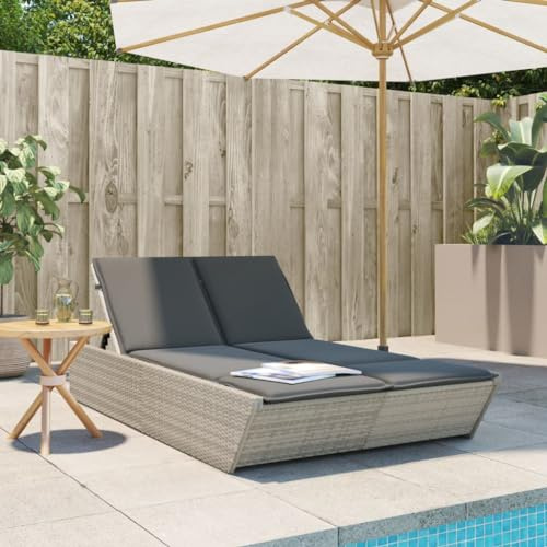 QUAHEAS Doppel-Sonnenliege Hellgrau aus Poly Rattan, verstellbar, 118x200cm, für Garten, Terrasse, Pool, inklusive bequemer Kissen