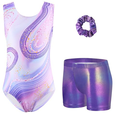 Arshiner Justaucorps de Gymnastique Fille Ensemble de Gymnastique Trois Pièces pour Enfants Justaucorps Sans Manches avec Shorts et Bandeau Tenue Leotards avec Design de Imprimé 3-10 Ans