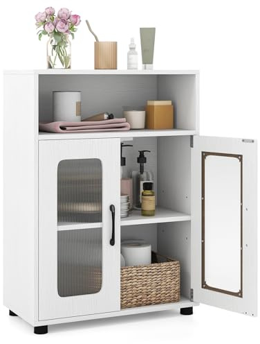 COSTWAY Bathroom Floor Cabinet, Freestanding Storage Cupboard with 2 Doors, Adjustable Shelf & Open Compartment, Wooden Bathroom Unit Side Cabinet for Living Room Kitchen Hallway, 60x30x83cm (White)