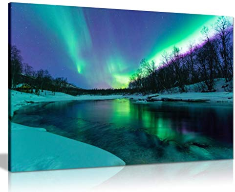 Northern Lights Aurora Borealis Large Framed Canvas Wall Art, 36x24 Inch | Pictures for Living Room Bedroom and Hallway, Ready to Hang, Nature Landscape Winter Scene, Pine Frame Home Decor Prints