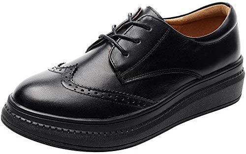 ANUFER Mujer Elegante Cuero Genuino Brogue Formadores con Cordones Plataforma Zapatos Oxford Negro SN02406 EU40
