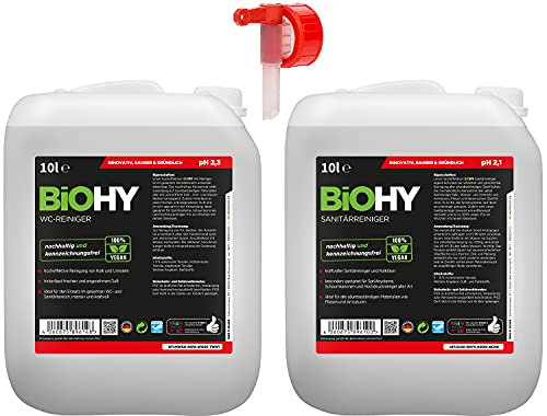 BIOHY Sanitär-& WC-Reiniger-Set 10 Liter Kanister | Öko Urinsteinentferner extra stark | Toilettenreiniger Konzentrat | Dickflüssiges Reinigungsgel | Hygienischer & frischer Duft | Profi Bio-Reiniger