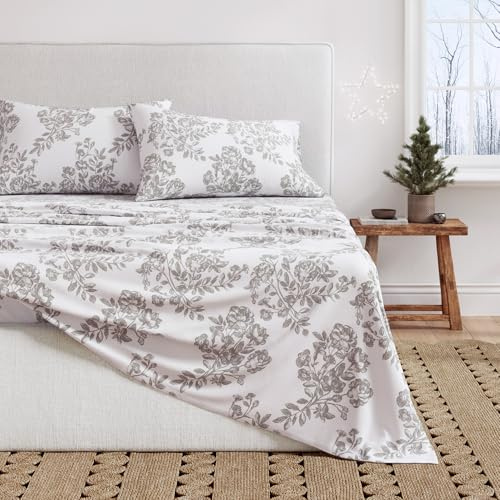 Great Bay Home Flannel Sheet Set Queen Size - 100% Turkish Cotton, Double-Brushed, Winter Floral Bed Sheets - Ultra-Soft, Cozy, 4-Piece Bedding Set (Toile - Grey)