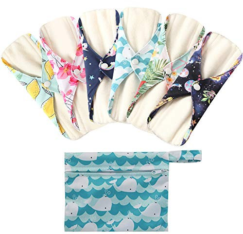 6 Stück Slipeinlagen Waschbar aus Bambusfaser, Waschbare Stoffbinden, Wiederverwendbare Binden, mit 1 Tragbare Mini Tasche Wiederverwendbare (Groß- 30cm/11.8 inch, Blumen)